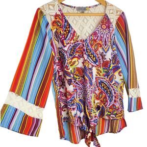 Figueroa Fig & Flower Top L Paisley Floral 3/4 Sleeve Lace Tunic Womens Size